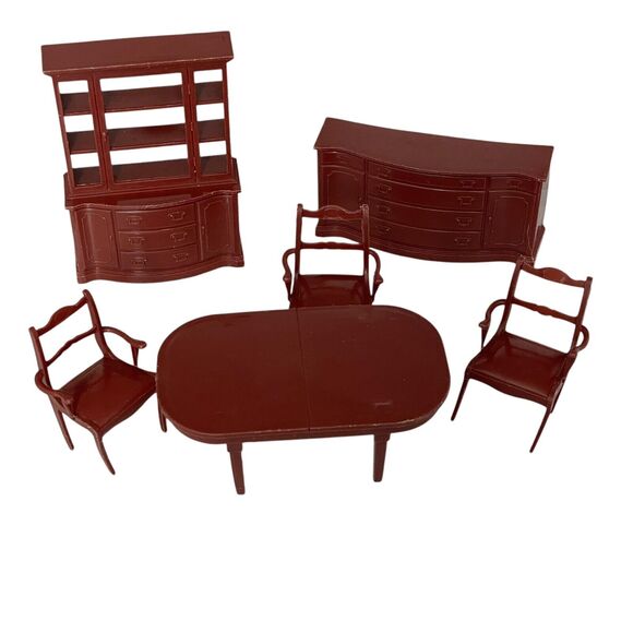 Marx Dollhouse Dining Room Furniture Set Mahogany Brown Vtg Hutch Table READ - Picture 1 of 10